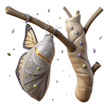 dramatic modern Butterfly Cocoon on Branch Side View Transparent Background genuine png