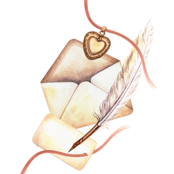 Romantic composition with heart pendant, vintage love letters, name card, quill pen. Elegant watercolor illustration of women's accessories. Ideal Valentine's day decoration, love and feminine themes png