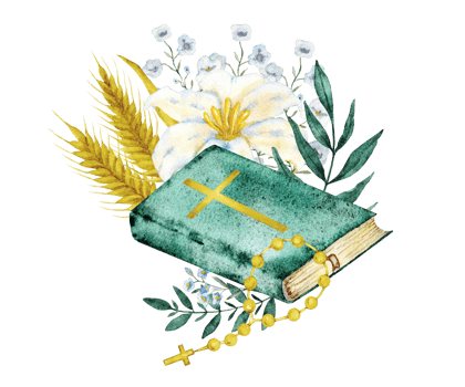 Bible and ears of wheat, flowers, green leaves. Hand drawn. Isolated. Watercolor illustration for first communion, baptism, wedding greeting cards, invitation png