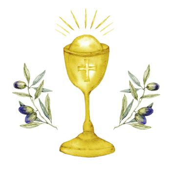 Chalice wit olive branches. Watercolor composition with catholic religious symbols. Isolated. For first communion, wedding, baprism greeting card, invitation png