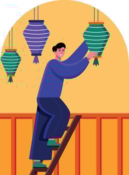 A character hanging lanterns for diwali, flat illustration vector