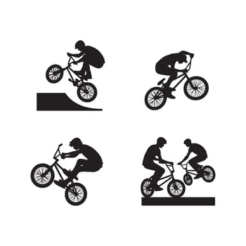Four silhouettes of people riding bikes on a hill vector