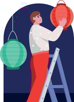 Flat illustration showing a character doing diwali decor vector