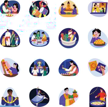 Collection of Diwali Tradition Flat Style Illustrations vector