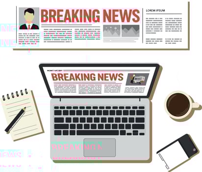 Laptop showing breaking news with coffee cup smartphone notepad and pen flat design illustration vector