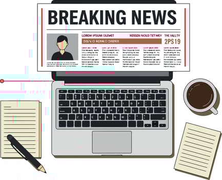 Laptop with breaking news headline flat design workspace with coffee and notepads illustration vector