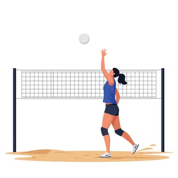 Female volleyball player serving ball on sand court in minimal flat design illustration vector