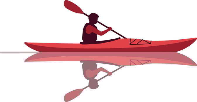 Silhouette of person paddling red kayak on calm water with reflection minimal flat illustration vector