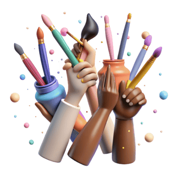 stunning vintage Diverse Hands Holding Paintbrushes Creativity Symbol Transparent Background authentic png