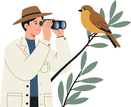 Birdwatcher observing brown bird on leafy branch wearing hat in flat style illustration vector
