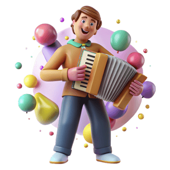 extraordinary minimalist Accordion Player Dynamic Pose Bright Lighting Isolated high resolution png