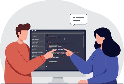 Two programmers discussing code on desktop computer screen flat style illustration vector