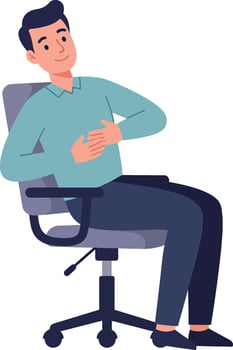 Young man relaxing in office chair with hands on stomach casual posture flat design illustration vector