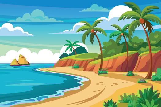 Dreamlike Tropical Beach With Palm Trees and Mountains vector