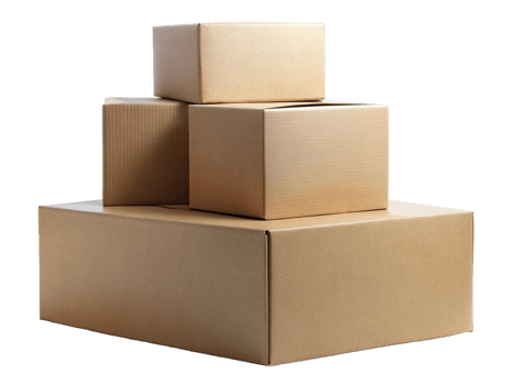 A stack of four cardboard boxes in varying sizes, showcasing a neutral color palette and simple, clean lines. png
