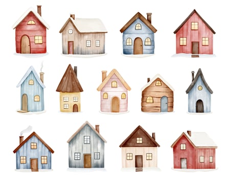 Watercolor scandinavian houses. Cute fairy northern houses. Hand drawn childlike illustration vector