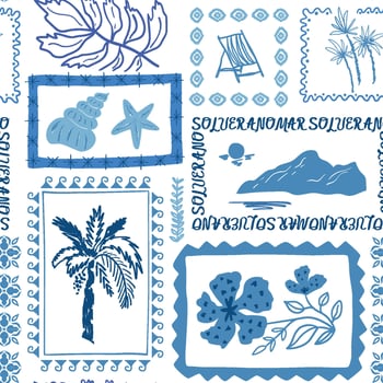 Blue tropical beach stamps seamless pattern. Cute hand drawn palm tree, flowers, seashells, sea island, summer vacation elements in frame. Tropic story design, print, exotic wallpaper, textile. vector