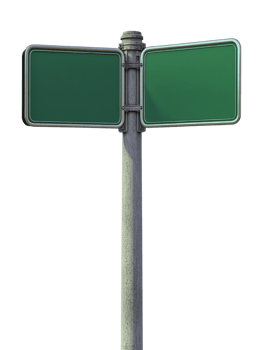 Dual green direction signs on a weathered post against a solid backdrop png