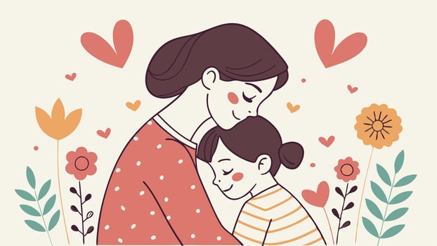 a mother and child hugging in a floral background vector