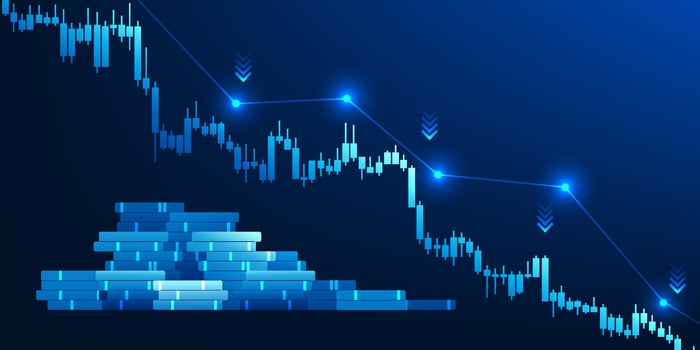 Falling stock chart, along with a coin, indicates an economic recession, market volatility, or financial crisis, caused by interest rate increases, tax increases.Suitable for use in economic new media vector