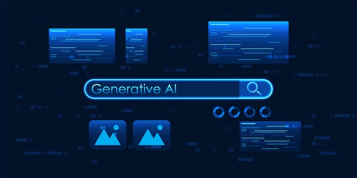 technology with magnifying glasses reflects AI's ability to create content in various forms, whether it be text, images, audio or code. New technology and innovation. vector