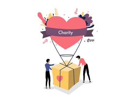 Two People Lifting Charity Box with Giant Heart Balloon vector