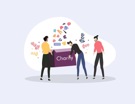 People Giving to Charity with Donation Box and Hearts vector