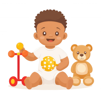 A cheerful baby sitting on the floor with a toy and a teddy bear, wearing a playful outfit, showcasing joy and innocence against a white isolate background. png