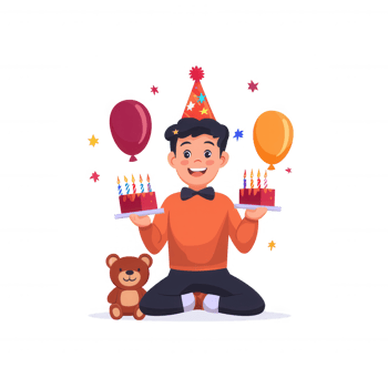 A cheerful boy celebrating his birthday with colorful balloons and cakes, wearing a festive hat, surrounded by a cute teddy bear. Perfect for party-themed illustrations. png