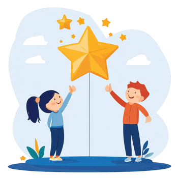 A cheerful boy and girl reaching for a golden star against a soft blue background, symbolizing dreams, aspirations, and teamwork in a playful and imaginative setting. png