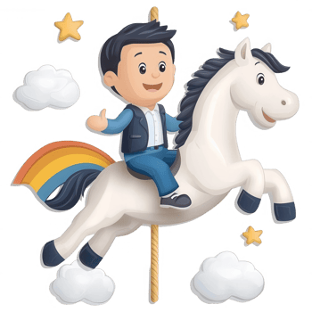 A cheerful boy rides a whimsical unicorn on a stick, surrounded by fluffy clouds and stars, evoking a sense of wonder and imagination. png