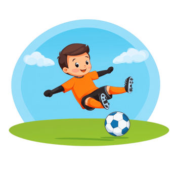 A cheerful child in an orange soccer uniform is joyfully kicking a soccer ball on a grassy field under a clear blue sky with fluffy clouds. png