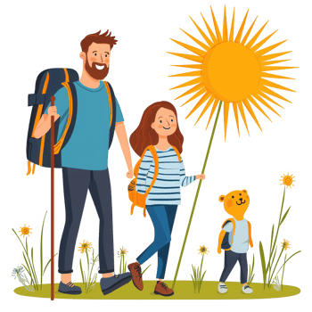 A cheerful family enjoying a sunny day outdoors, hiking together in nature. A father, daughter, and teddy bear are seen walking amidst flowers and vibrant sun. png