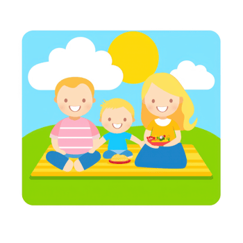 A cheerful family enjoying a sunny day outdoors, sitting on a blanket with a bright sun and clouds in the background, representing happiness and togetherness. png