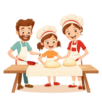 A cheerful family enjoys baking together, creating dough on a wooden table, showcasing teamwork and joy in the kitchen. Perfect for family and cooking themes. png