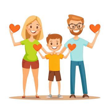 A cheerful family of three, holding hearts and smiling together, symbolizing love and unity png