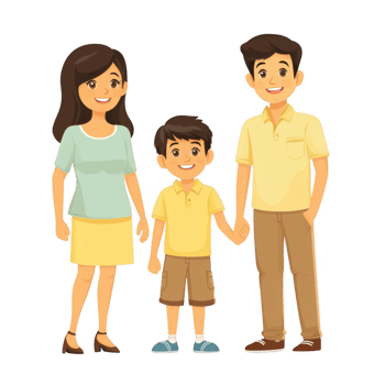 A cheerful family portrait featuring a mother, father, and son, all smiling and standing together, showcasing love and togetherness in a modern, friendly illustration style. png