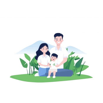 A cheerful family sitting together in a green landscape, smiling and enjoying time with their young child, conveying love and togetherness. png