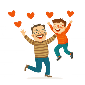 A cheerful father and son joyfully jumping together with hearts floating above. Perfect for celebrating love and family bonds. png