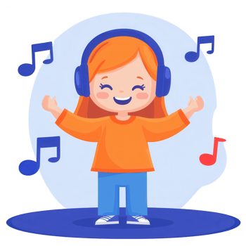 A cheerful girl enjoying music with headphones, expressing joy and happiness, surrounded by musical notes, on a blue circular background. png