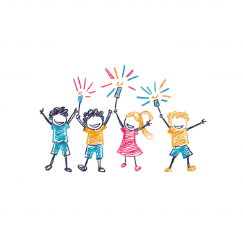 A cheerful group of four kids celebrating together, each holding colorful pom-poms png