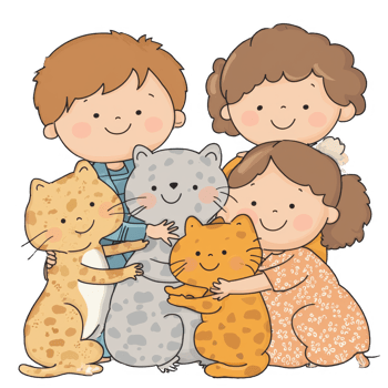 A cheerful group of children hugging their favorite pets, showcasing a playful connection between kids and animals, perfect for illustrating friendship and love. png