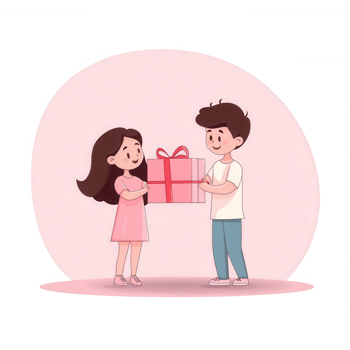 A cheerful illustration of a boy giving a gift to a girl, showcasing joy and friendship, set against a soft pink background. png