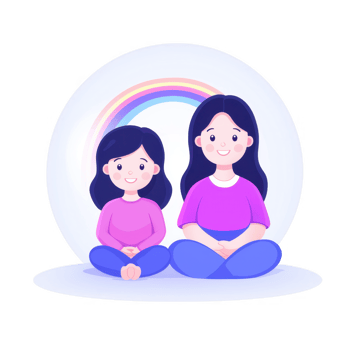 A cheerful illustration of a mother and daughter sitting together with a rainbow backdrop, showcasing love and connection in a light-hearted, friendly atmosphere. png