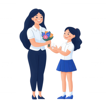 A cheerful illustration of a woman receiving a bouquet of flowers from a girl, symbolizing love and appreciation in a warm, friendly setting. png