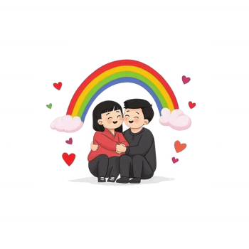 A cheerful illustration of two characters embracing under a vibrant rainbow with hearts, symbolizing love and acceptance. png
