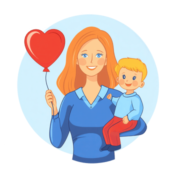 A cheerful mother holding a red heart balloon while carrying her happy child. The illustration conveys love and joy in family life, perfect for celebrations or parenting themes. png