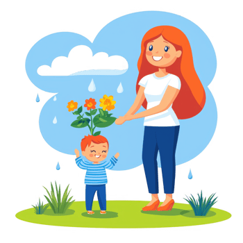 A cheerful mother and her happy child standing in the rain, holding flowers under a colorful umbrella, surrounded by green grass and playful clouds, illustrating joy and nature. png