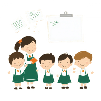 A cheerful teacher with four happy students in a school setting, surrounded by educational materials and a clipboard, showcasing a positive and engaging classroom environment. png