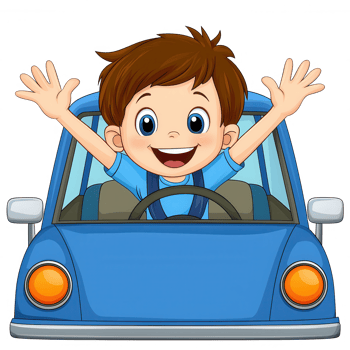 A cheerful young boy happily driving a blue car, arms raised in excitement, isolated on a white background. Perfect for designs related to travel, family, and fun. png